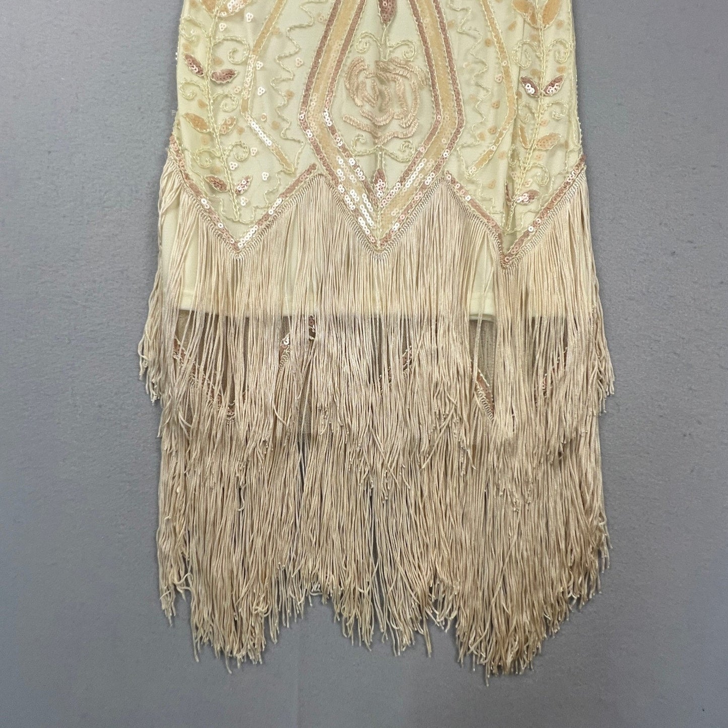 NWT Metme Flapper Dress Womens Small Cream Sequin Fringe Art Deco Gatsby Party