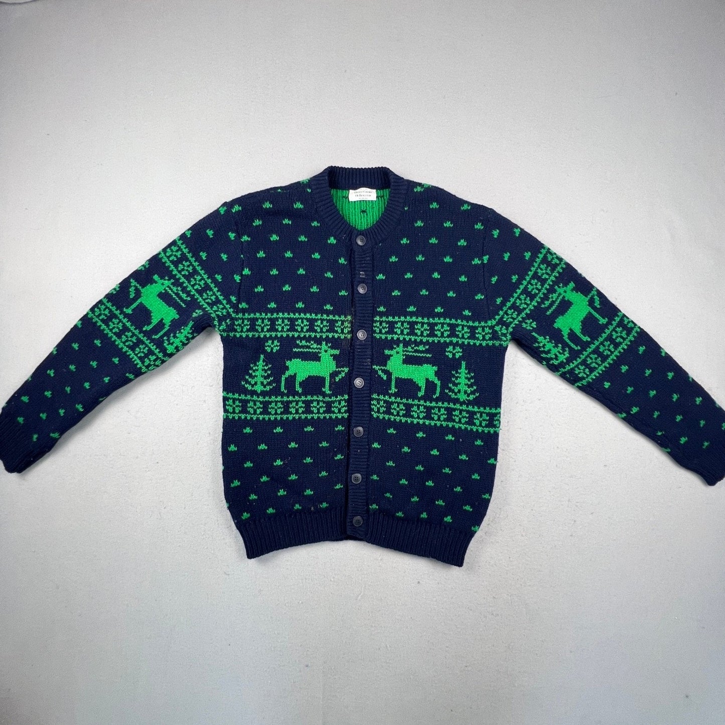 United Colors of Benetton Cardigan Mens L Navy Green Reindeer Shetland Wool