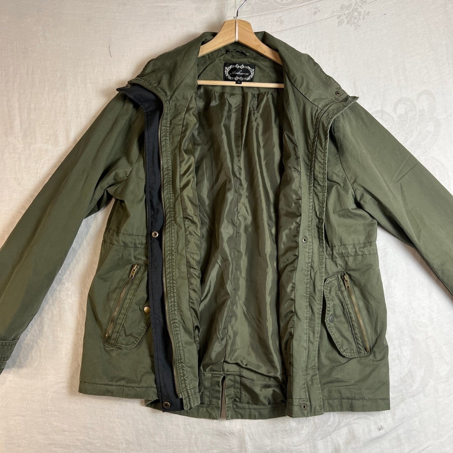 Ambiance Utility Jacket Womens 2XL Drawstring Waist Zip Front Collar Olive Green