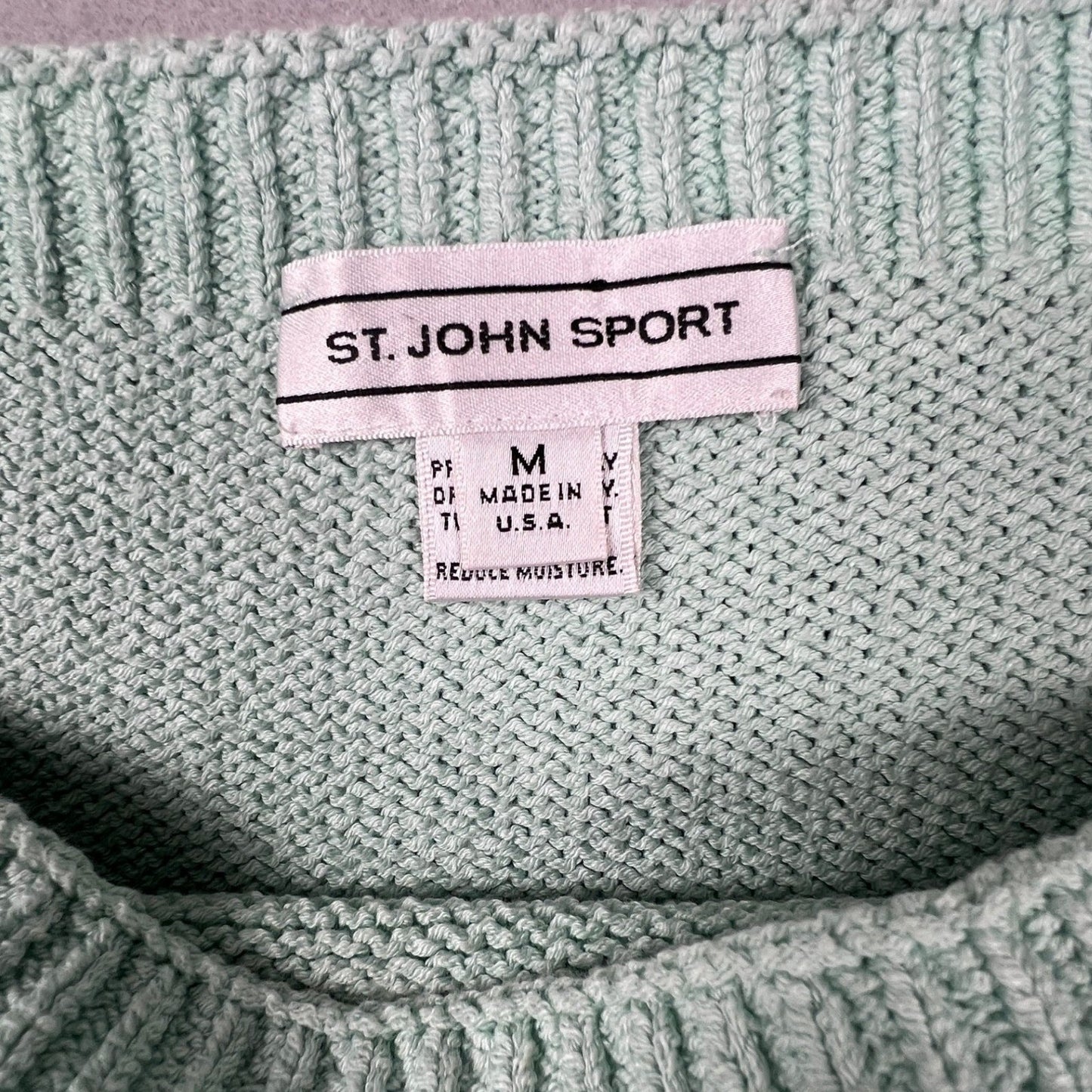 St. John Sport Knit Top Womens Medium Mint Green Square Neck Ribbed Short Sleeve