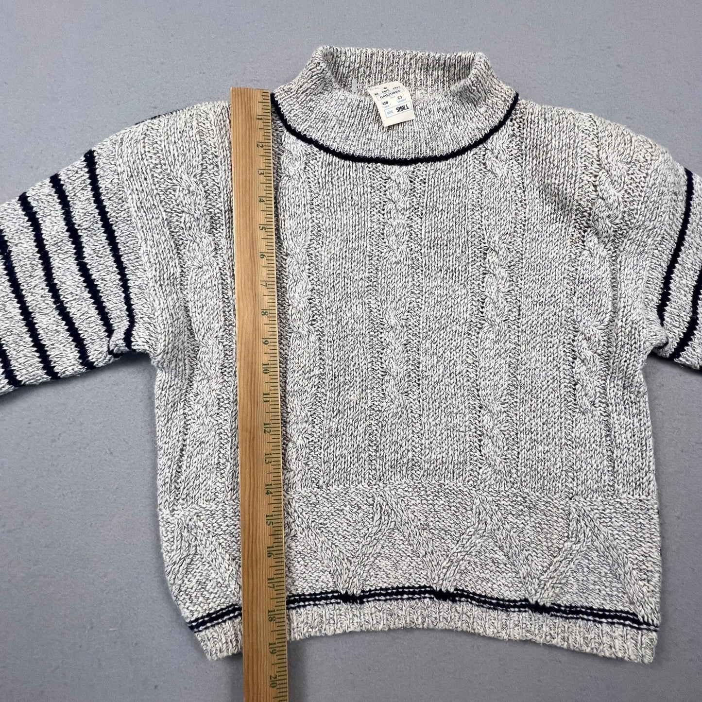 T.Q. Vintage Mock Neck Sweater Womens Small Grey Navy Striped Cable Knit Cotton