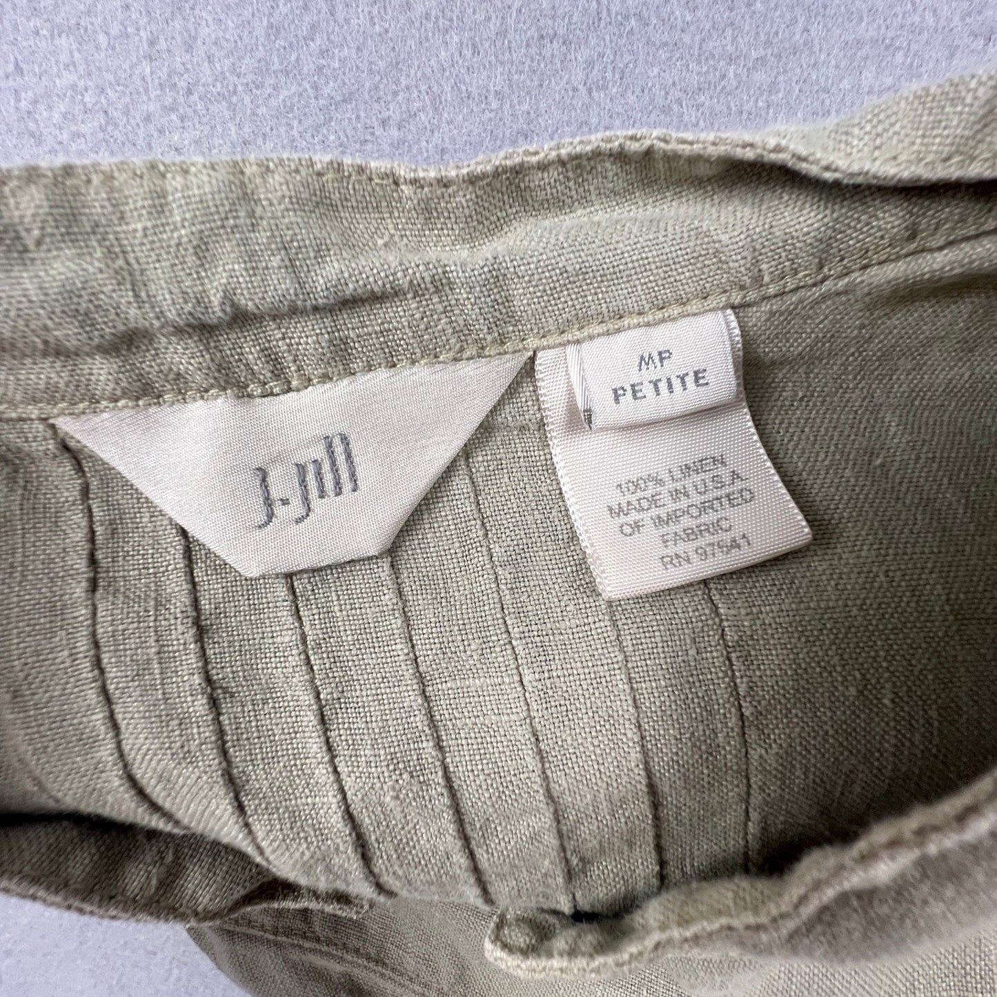 J. Jill Linen Button Down Tunic Womens MP Petite Green Pleated Back Coastal Boho