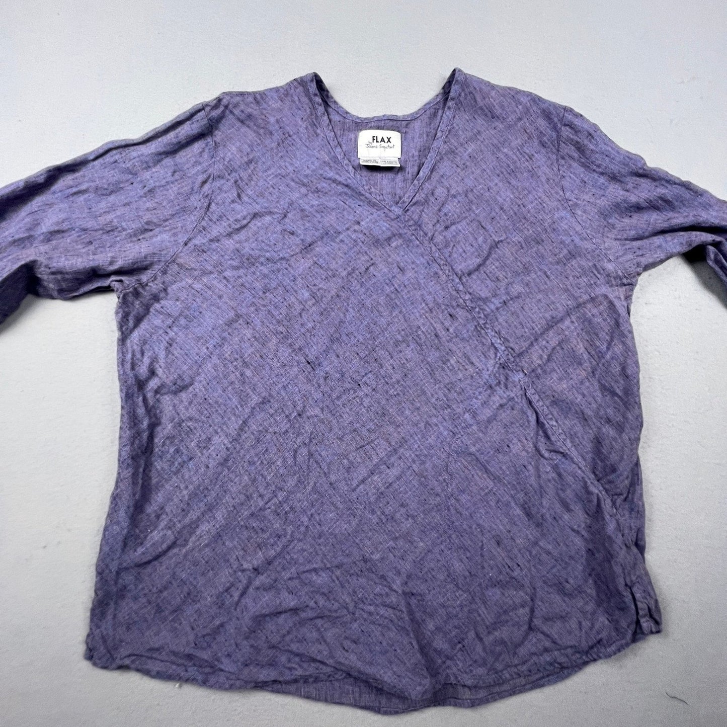 FLAX Linen Tunic Top Womens Large Purple Faux Wrap V-Neck Lagenlook Coastal Boho