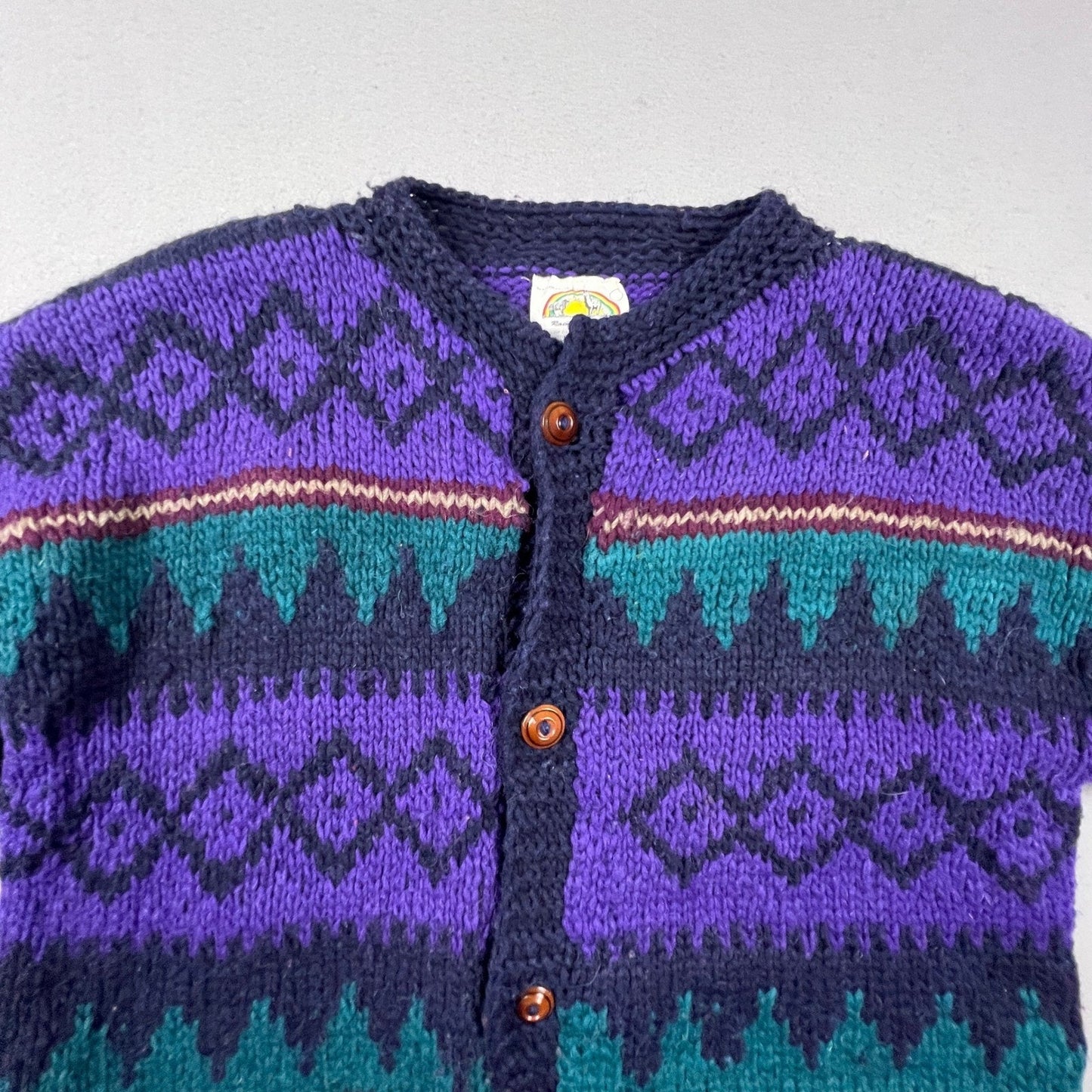 Rainbow Crafts Cardigan Mens L Purple Merino Wool Geometric Knit Ecuador Boho