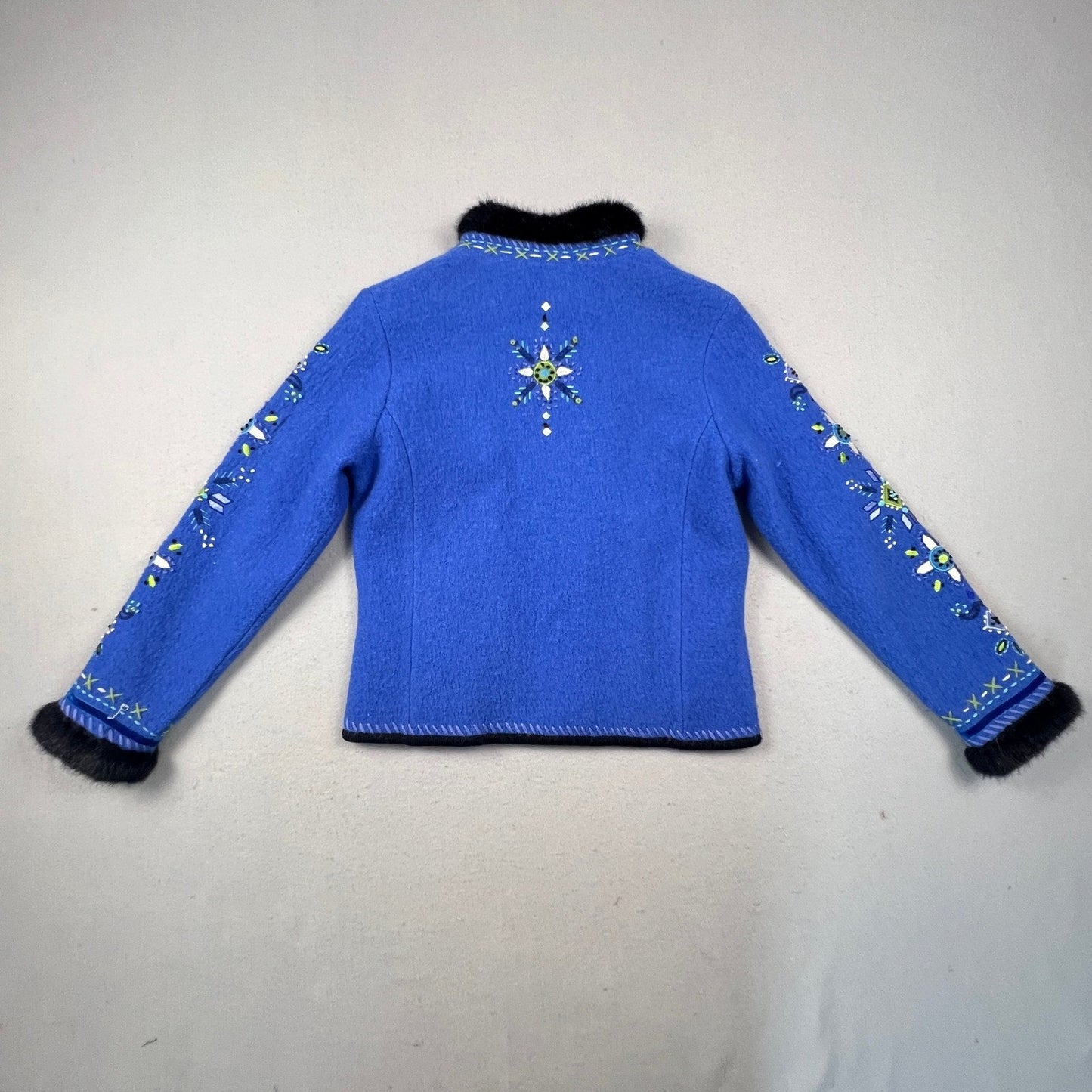 Carson Wool Embroidered Jacket Womens Small Blue Faux Fur Trim Boho Folk Art