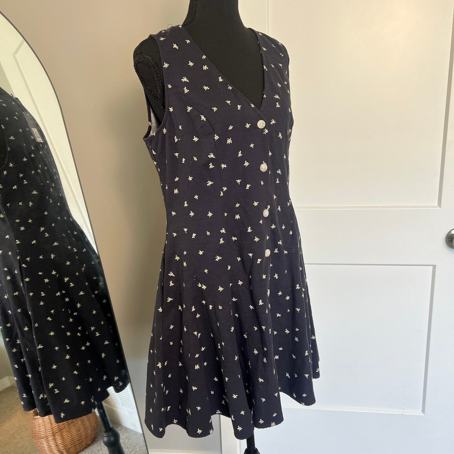 Floral Mini Dress Womens Medium Navy Blue Button Front Casual Universal Thread