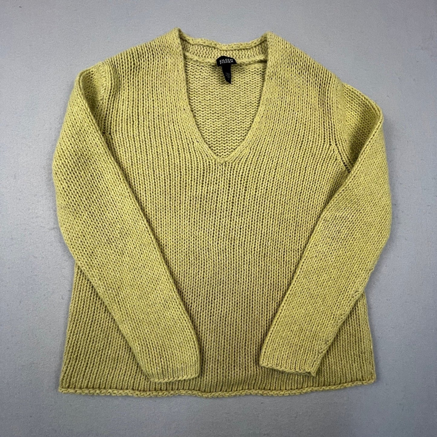 Eileen Fisher V-Neck Sweater Womens L Green Wool Alpaca Knit Pullover Minimalist