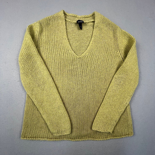 Eileen Fisher V-Neck Sweater Womens L Green Wool Alpaca Knit Pullover Minimalist