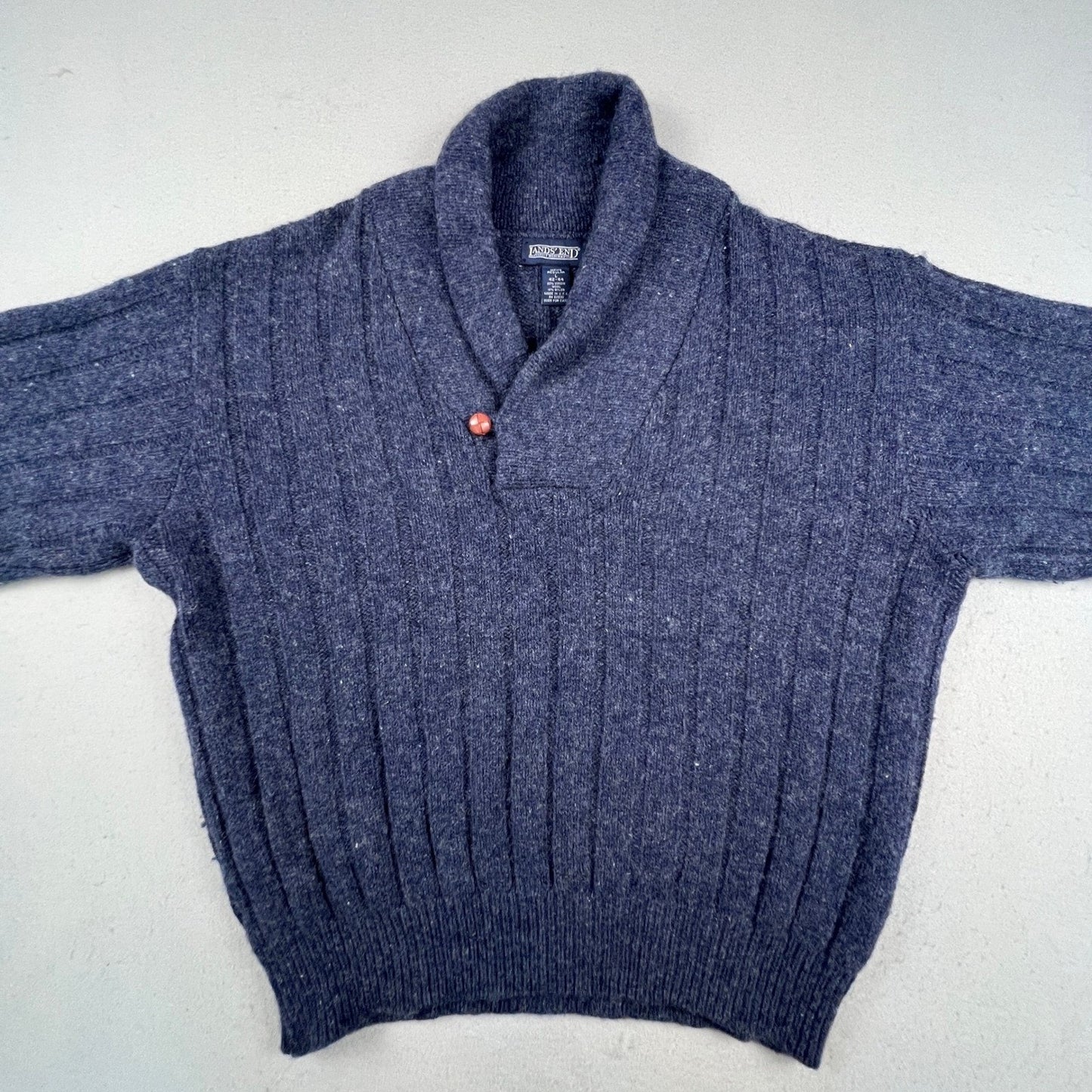 Lands End Shawl Collar Sweater Mens L Blue Wool Blend Ribbed Knit Vintage USA