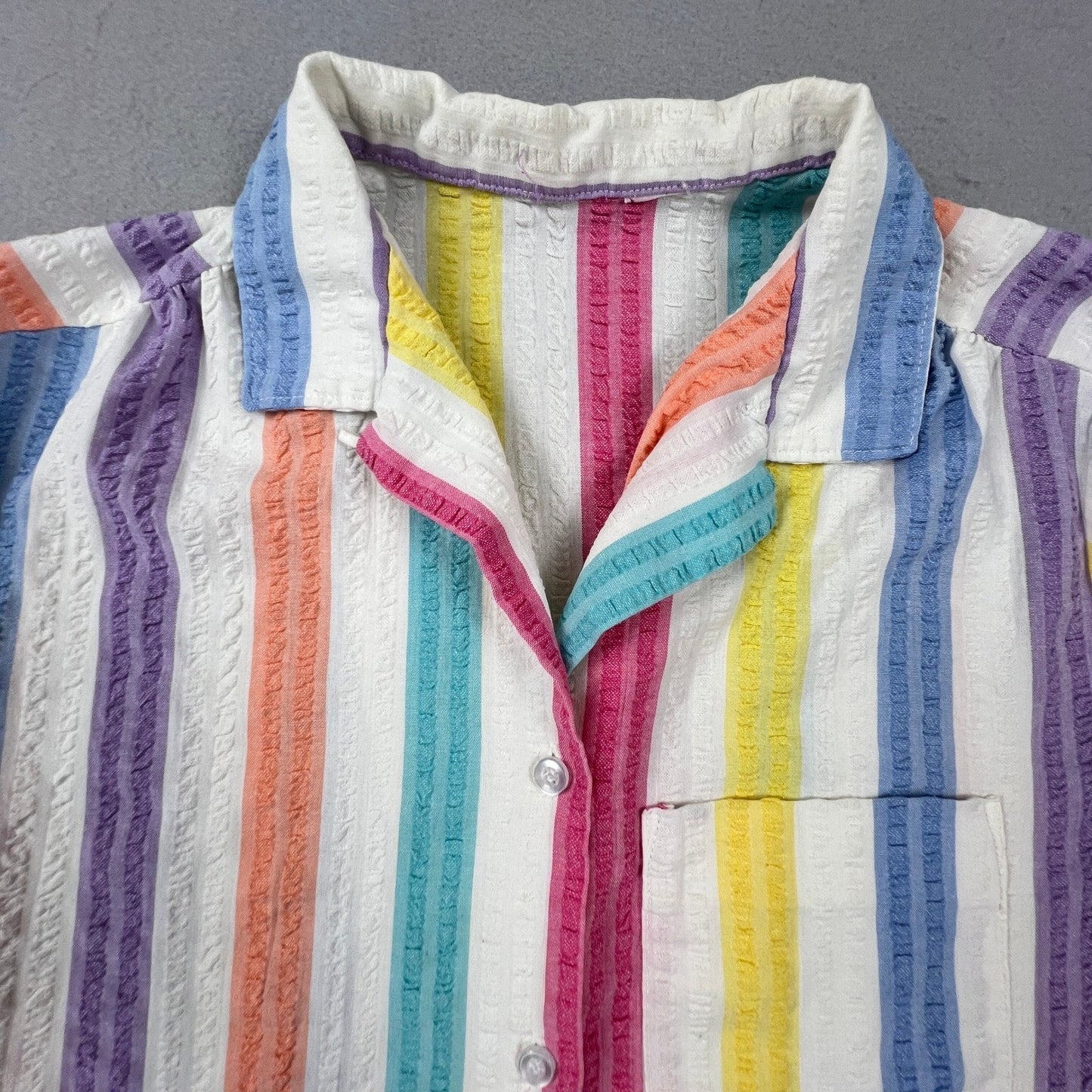 Colorful Seersucker Button Up Shirt Womens L Multi Color Rainbow Stripe Camp Top