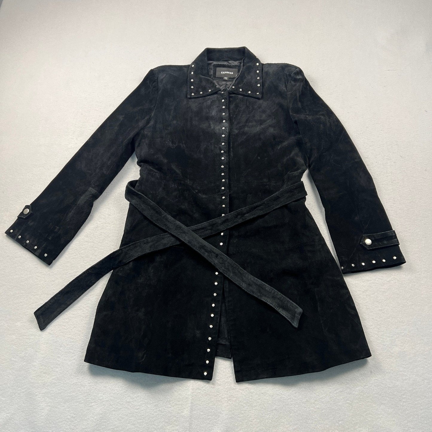 Y2K Express Suede Trench Coat Womens 11/12 Black Studded Belted Leather Jacket