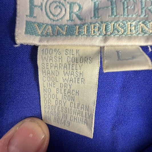 VTG Van Heusen Silk Button Up Shirt Womens Large Blue Long Sleeve Blouse Office Chic
