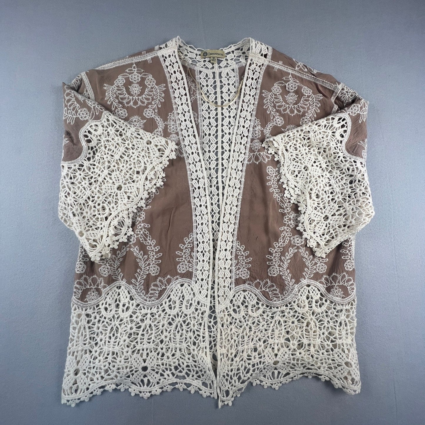 Crochet Lace Kimono Cardigan Womens M Brown Embroidered Boho Sheer Layer