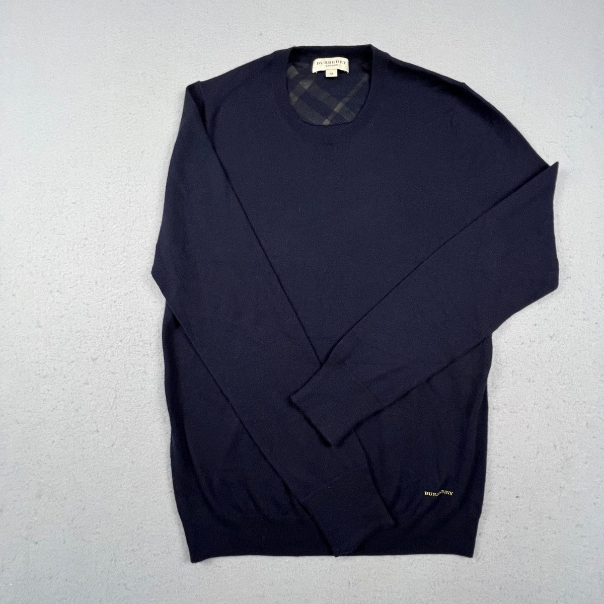 Burberry London Cashmere Sweater Mens M Navy Crewneck Nova Check Luxury Knit