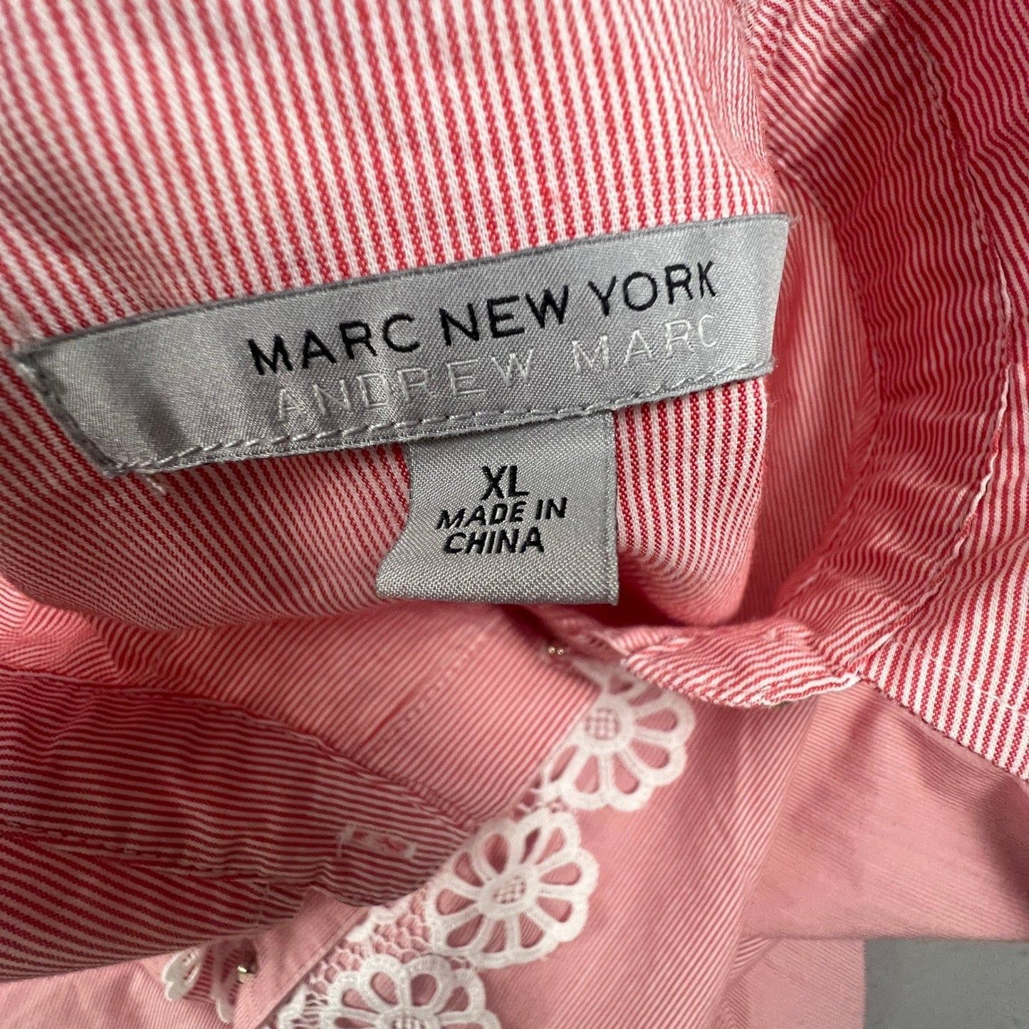VTG Marc New York Button Down Womens XL Red Stripe Lace Trim Preppy Chic
