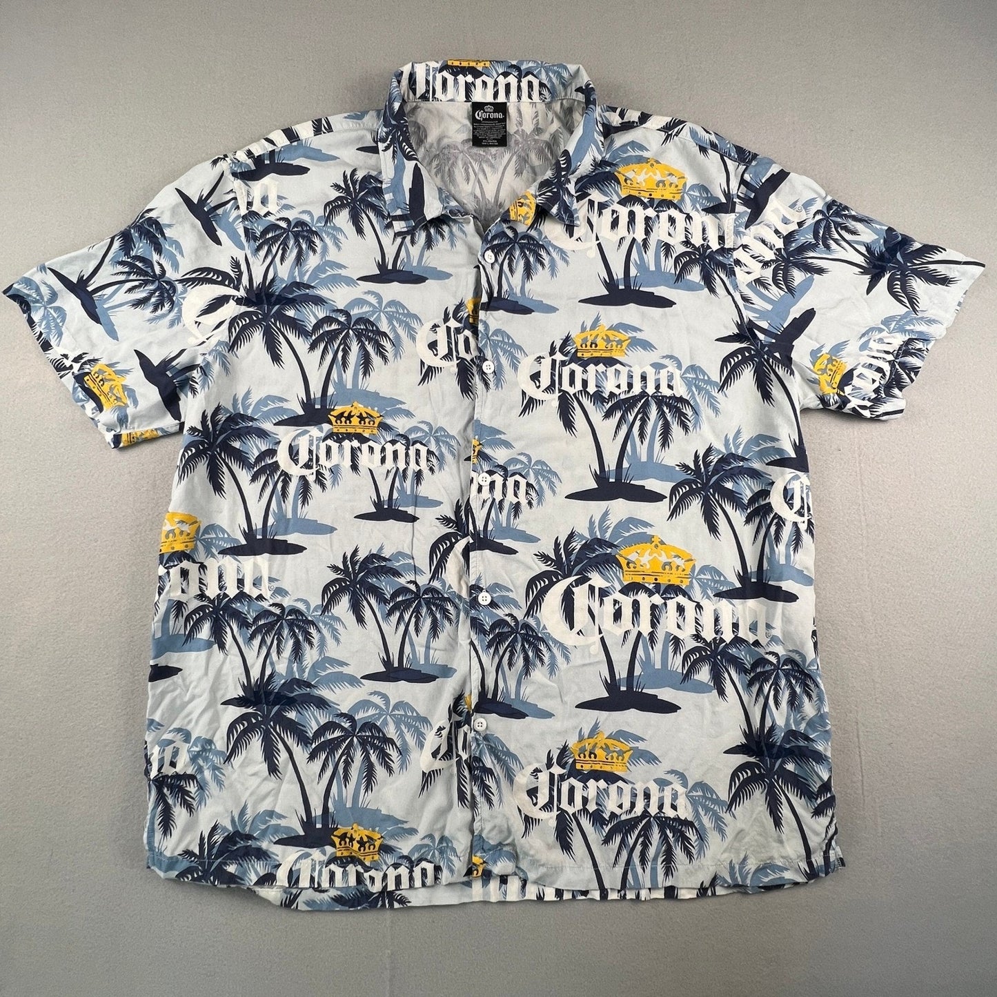 Corona Button Up Shirt Mens 2XL Blue Palm Tree Tropical Rayon Beach Hawaiian