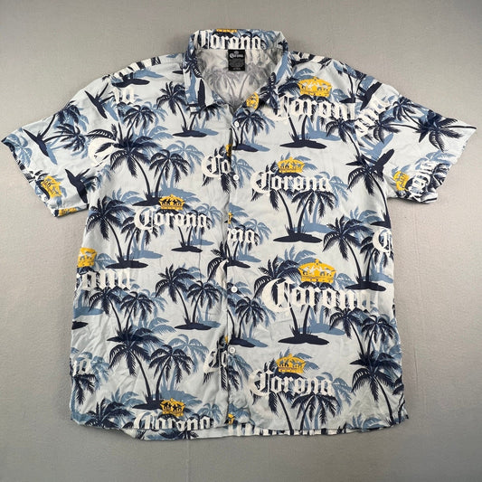 Corona Button Up Shirt Mens 2XL Blue Palm Tree Tropical Rayon Beach Hawaiian