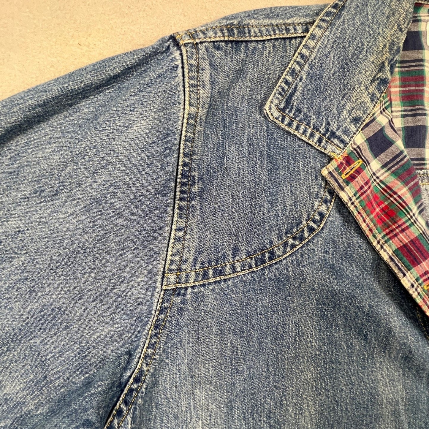 VTG Style Cabin Creek Denim Chore Jacket Womens XL Blue Plaid Lined Barn Coat
