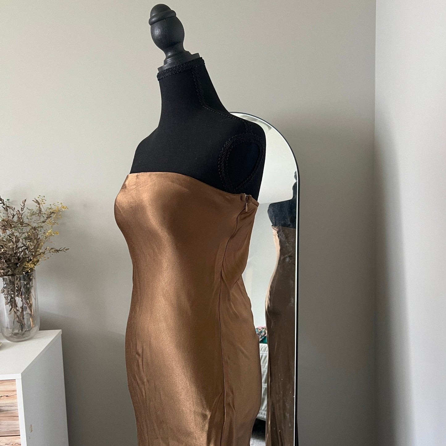 Strapless Maxi Dress S Bronze Brown Satin Formal Gown Minimalist Bridal Party