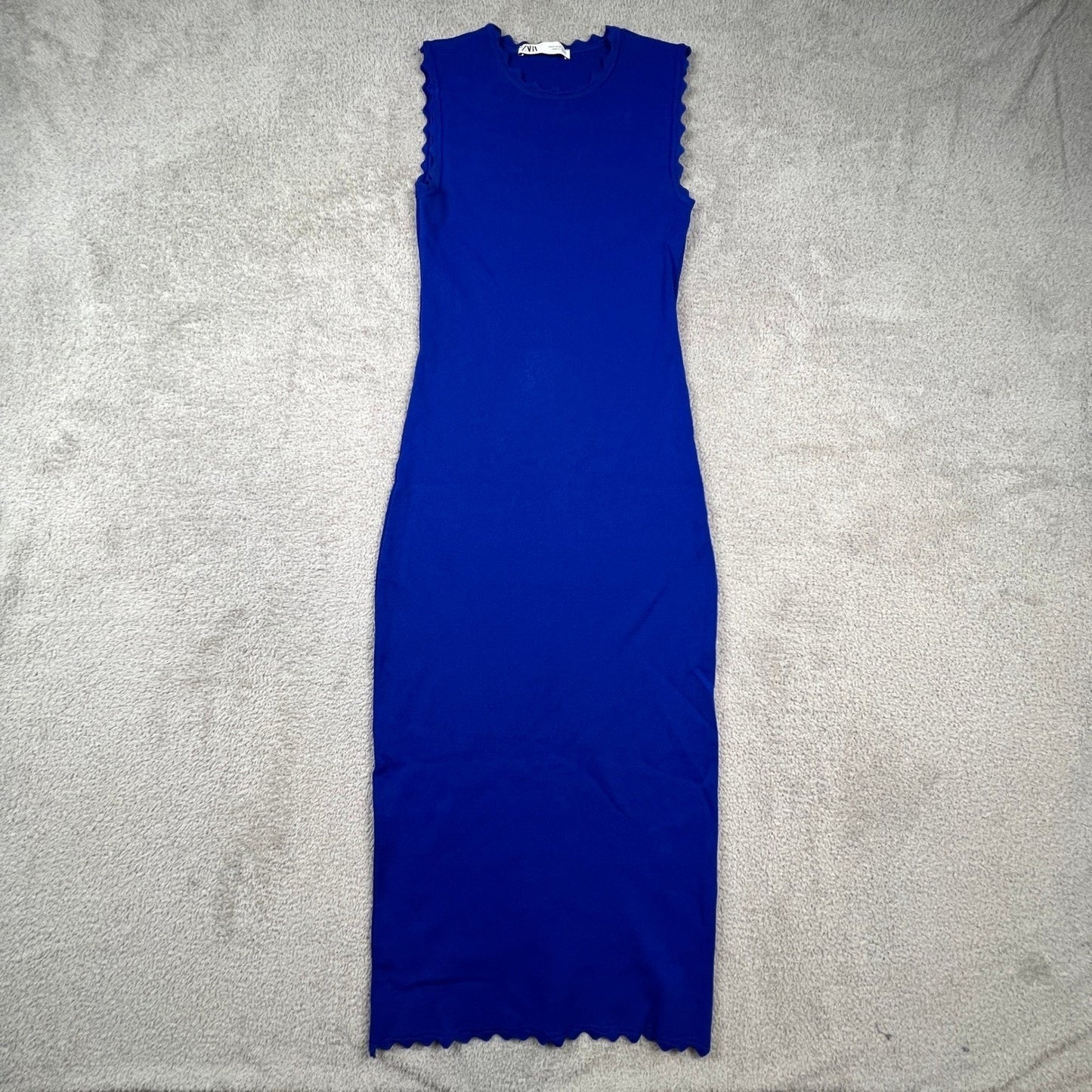 Zara Knit Midi Dress Womens Medium Blue Scalloped Trim Bodycon Sleeveless Chic
