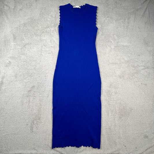 Zara Knit Midi Dress Womens Medium Blue Scalloped Trim Bodycon Sleeveless Chic
