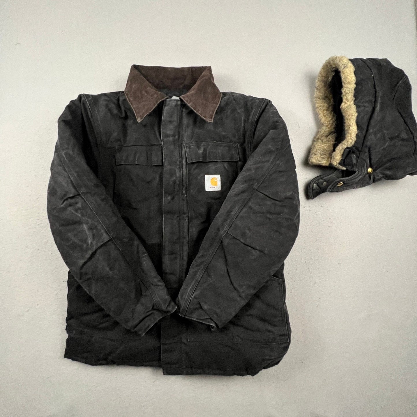 VTG Carhartt Black Arctic Quilt Lined Traditional Duck Canvas Coat Hood C26 BLK