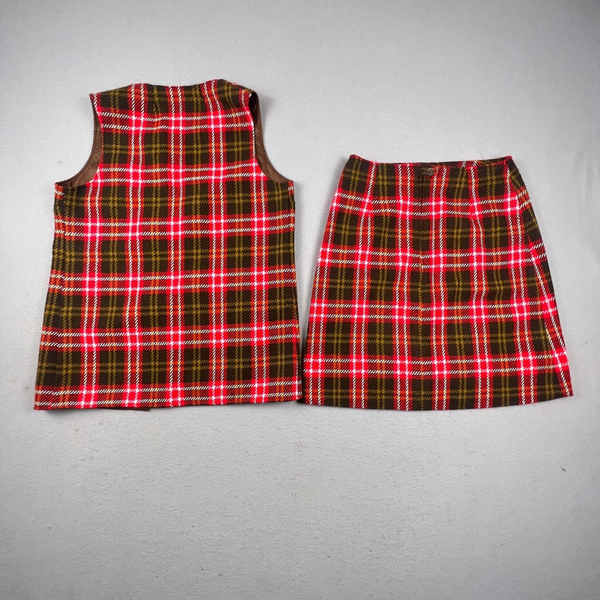 Vintage Plaid Skirt Set Womens Medium Red Brown Vest Mini Skirt Mod Academic