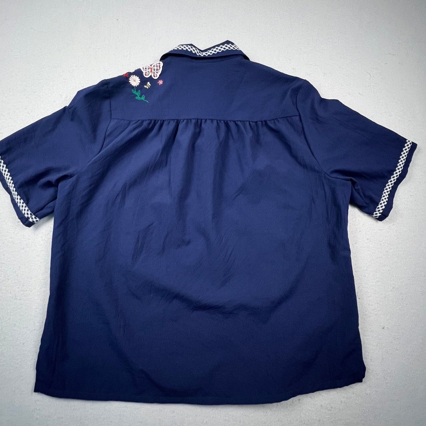 BonWorth Button Up Shirt Womens M Navy Blue Floral Butterfly Gingham Trim Granny