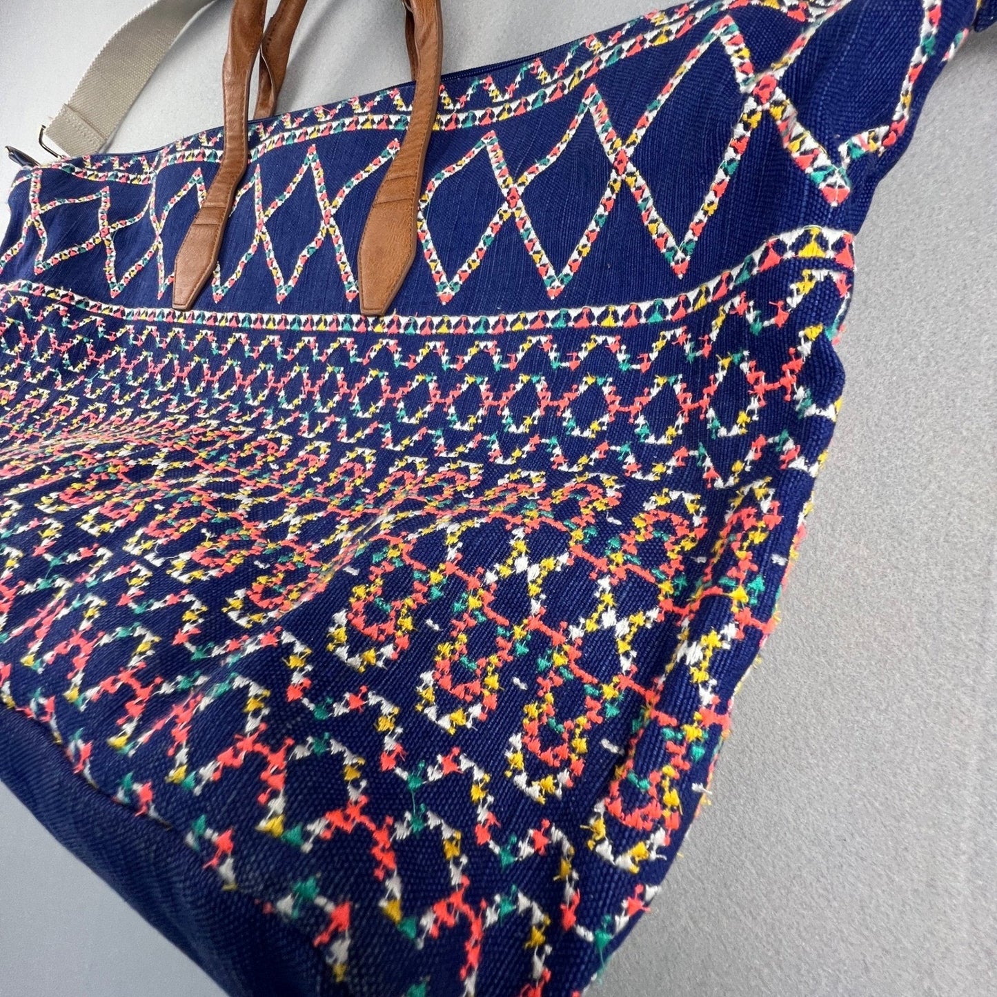 Boho Weekender Travel Bag Large Blue Embroidered Geometric Tote Carry On