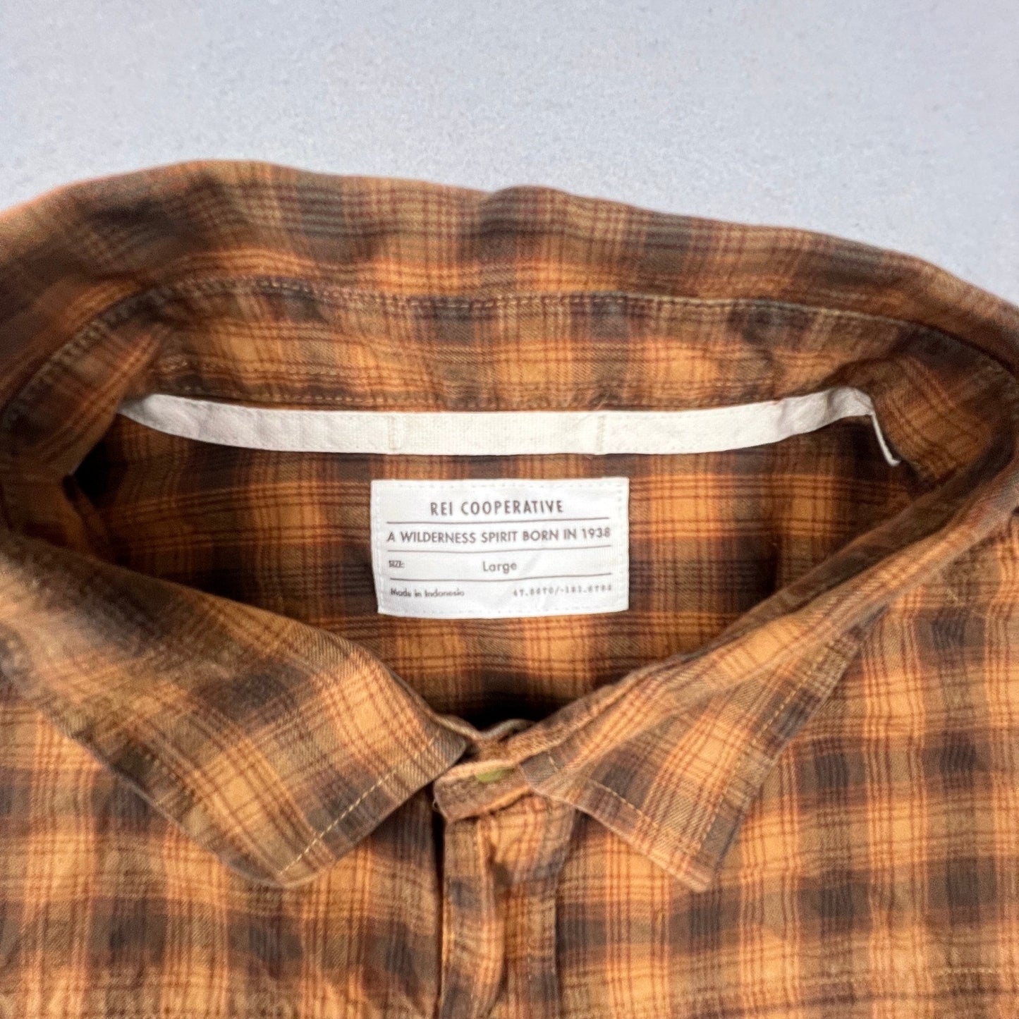 REI Co-op Flannel Shirt Mens Large Orange Brown Plaid Cotton Hiking Outdoor F20
