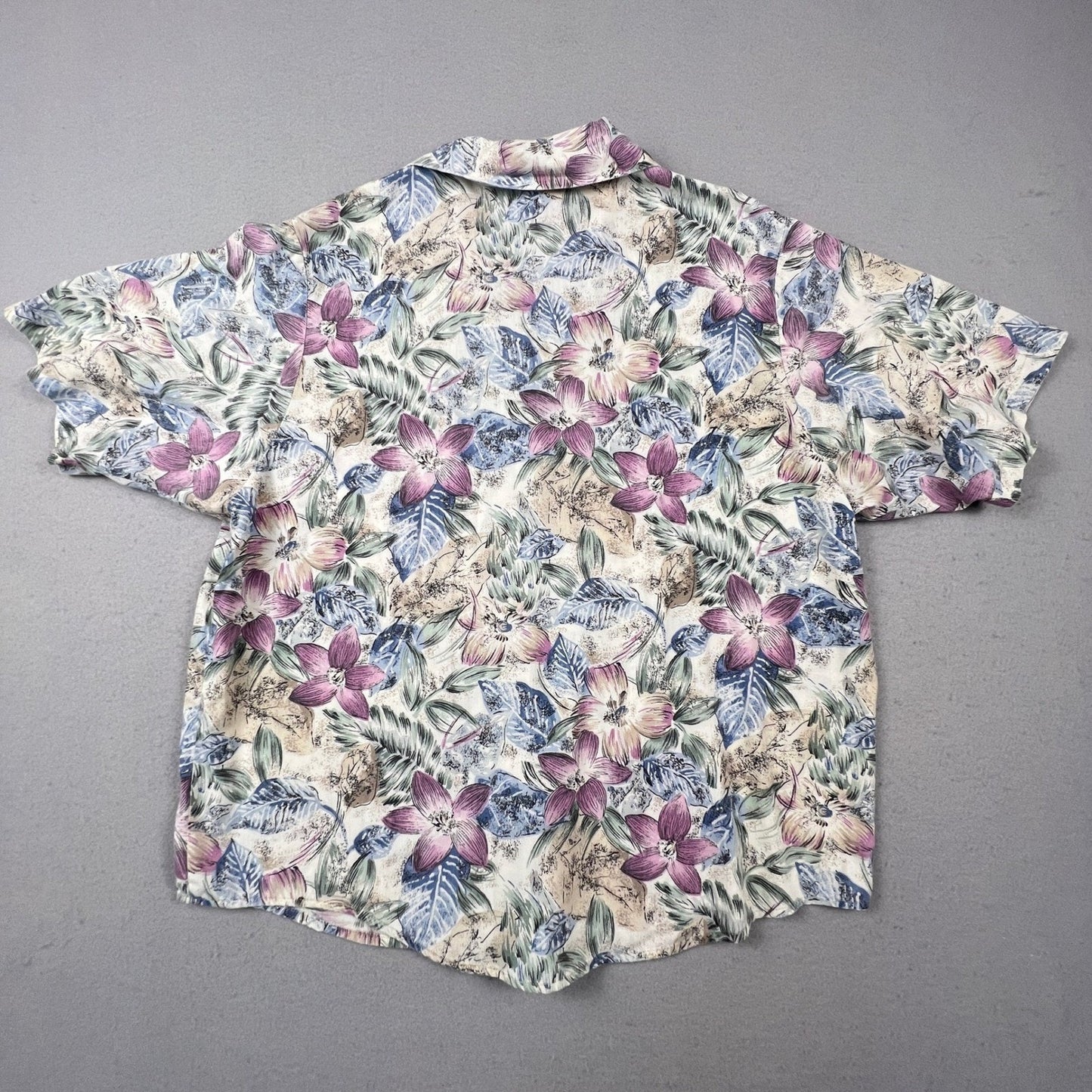 Kate Allen Floral Button Up Shirt Womens Petite Large Purple Blue Tropical Camp