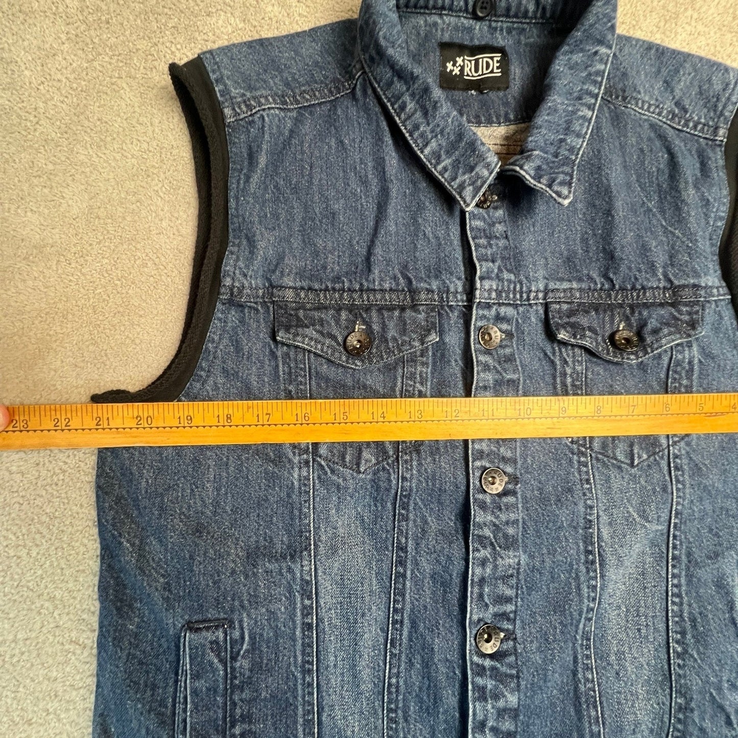 xxx RUDE Denim Vest Mens Medium Wash Sleeveless Button Up Trucker Punk Emo Y2K