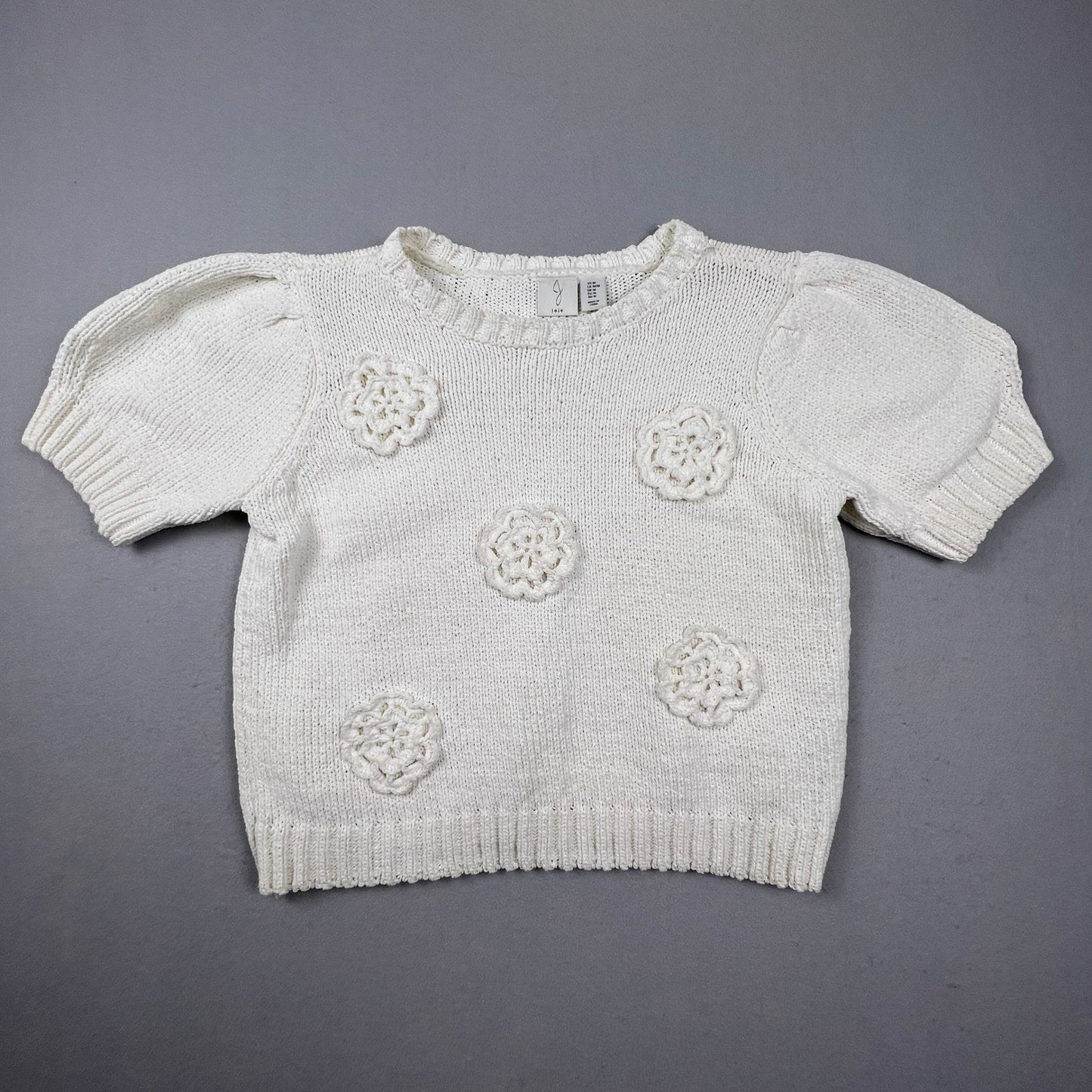 Joie Knit Sweater Size M 3D Crochet Flowers Short Puff Sleeves Pullover Boxy
