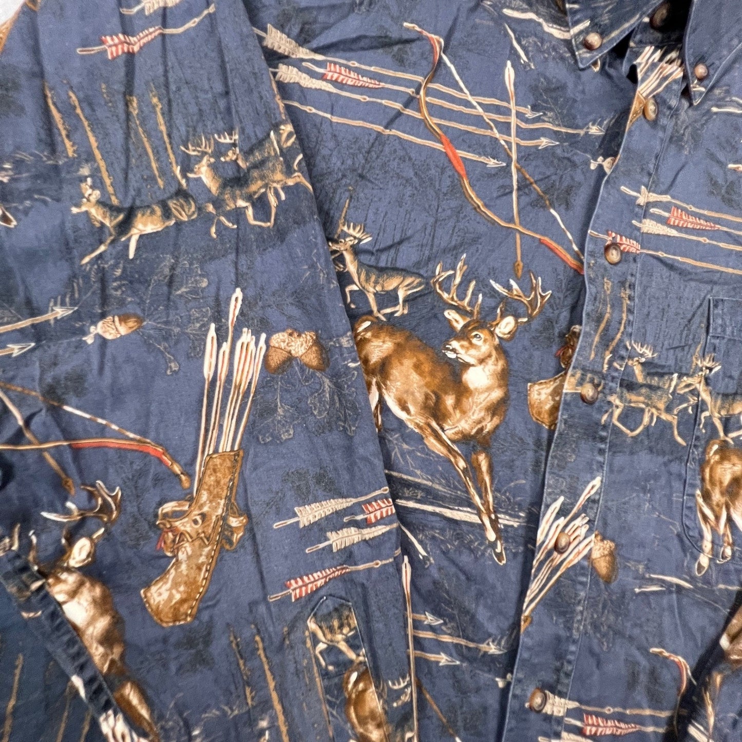 Gallop Button Down Shirt Mens XXL Blue Deer Bow Arrow Print Long Sleeve Hunting