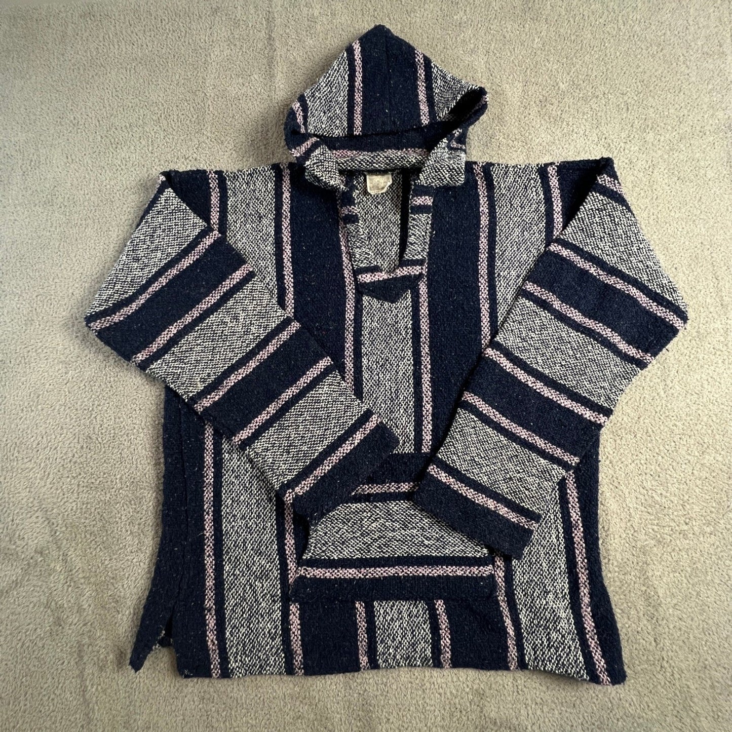 Senor Lopez Mexican Baja Hoodie Navy Blue Pink Striped Rug Pullover Large