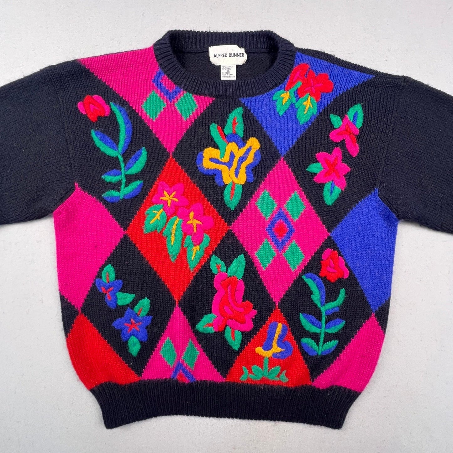 Alfred Dunner Sweater Women XL Black Floral Argyle Knit Vintage Style Crewneck