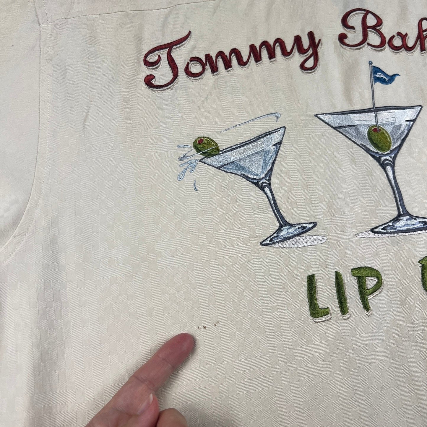 Tommy Bahama Lip Out Martini Shirt Mens Large Cream Silk Embroidered Camp Golf