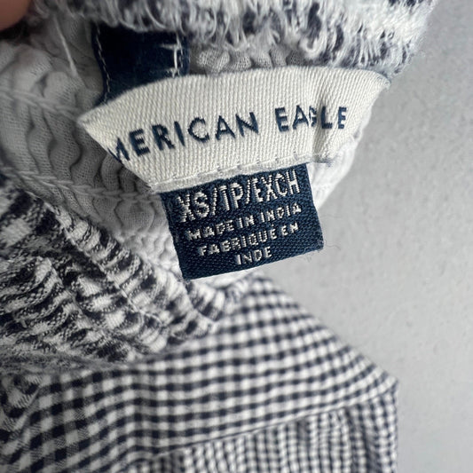 American Eagle Gingham Midi Dress Womens XS Black White Cotton Linen Cottagecore