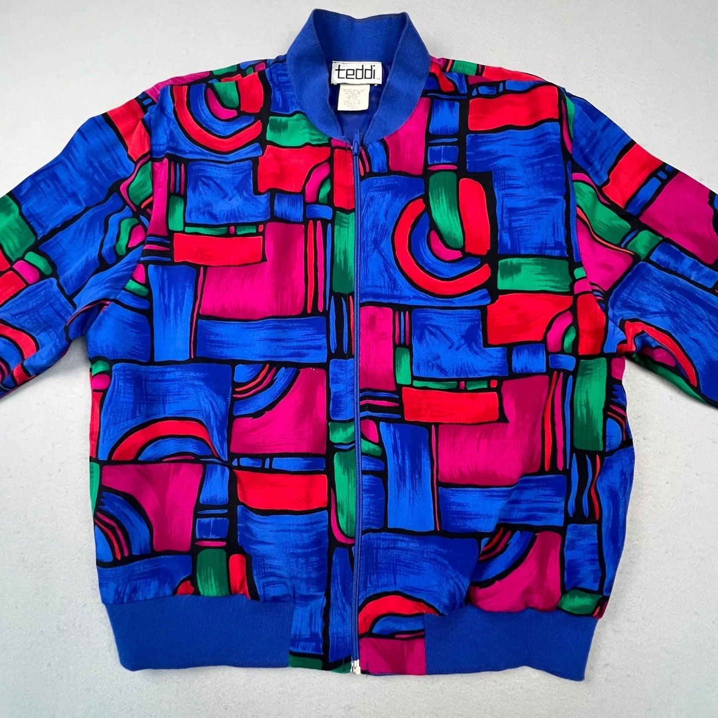 VTG Retro 90s Teddi Bomber Jacket Womens Large Blue Abstract Geometric Zip Up