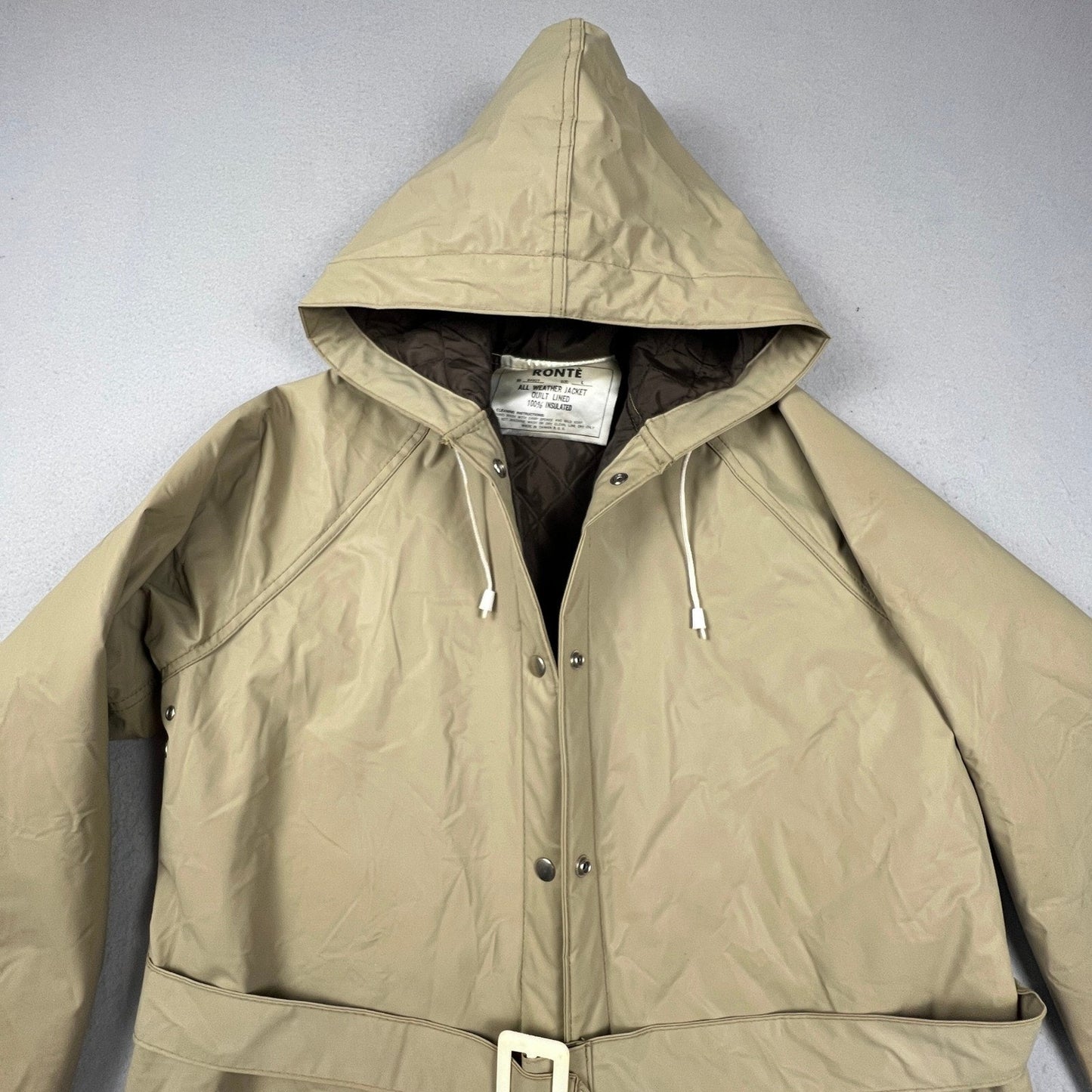 Ronte All Weather Jacket Mens Large Tan Quilt Lined Belted Hooded Rain Coat Vtg