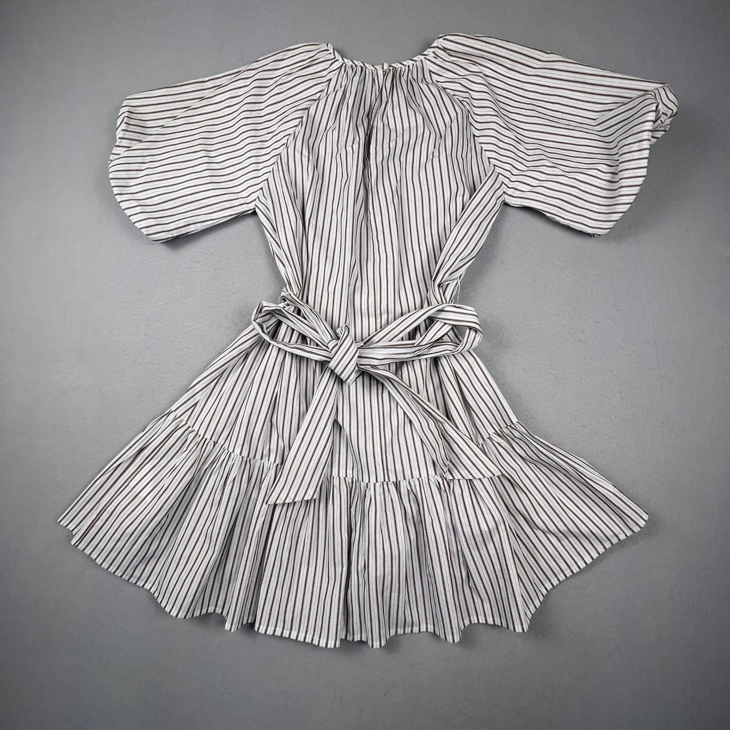 Minkpink Mini Dress Womens XS White Brown Striped Puff Sleeve Tiered Boho Summer