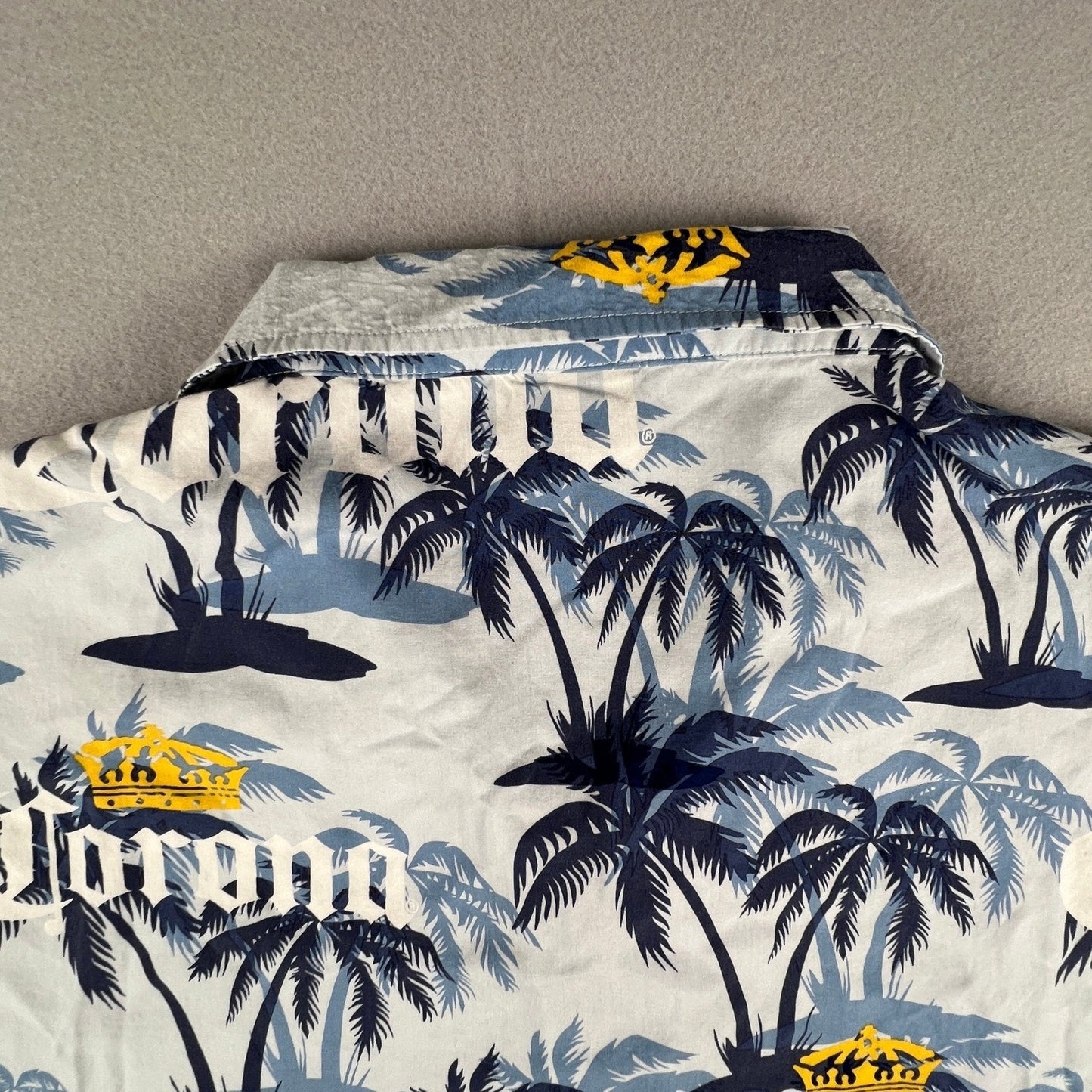Corona Button Up Shirt Mens 2XL Blue Palm Tree Tropical Rayon Beach Hawaiian