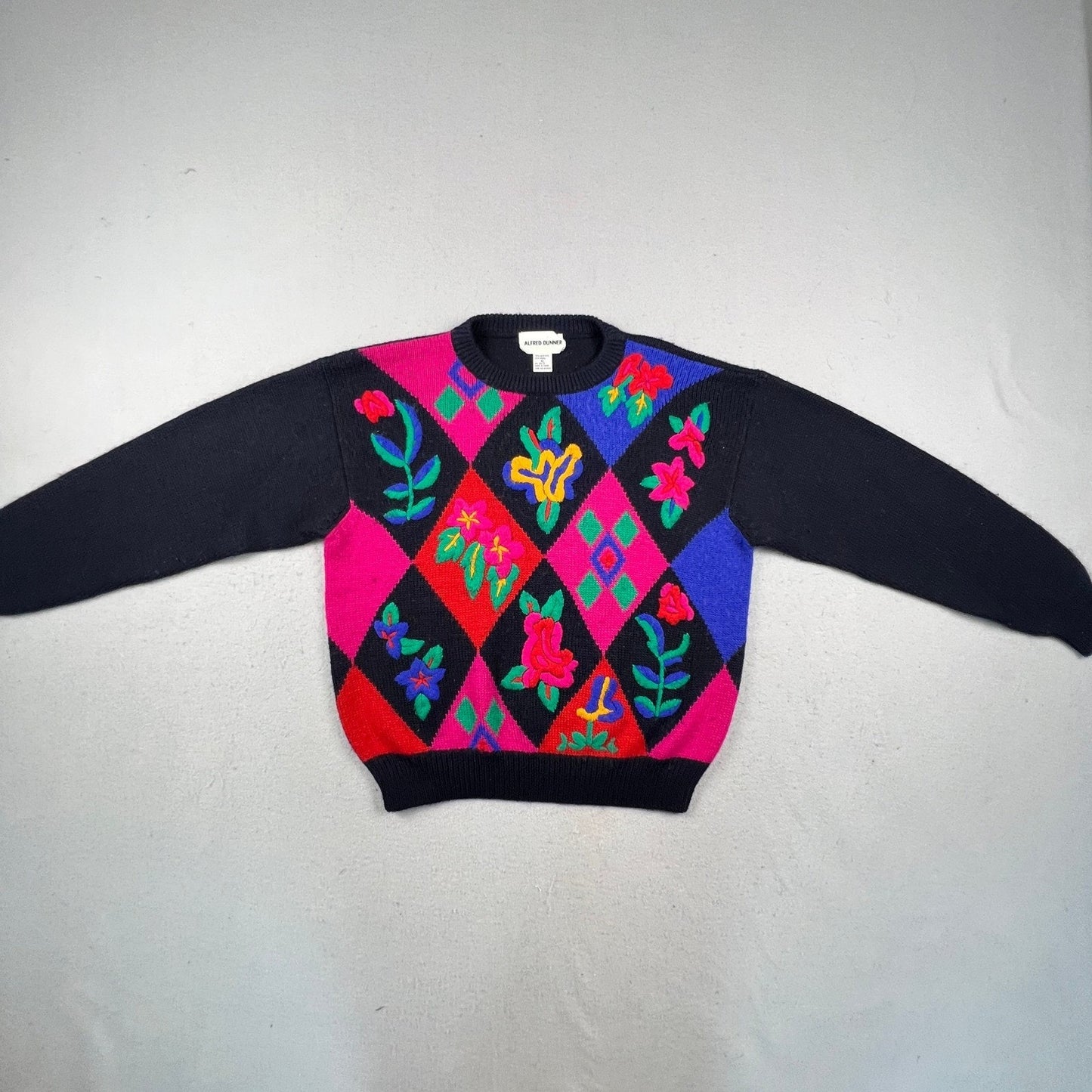 Alfred Dunner Sweater Women XL Black Floral Argyle Knit Vintage Style Crewneck