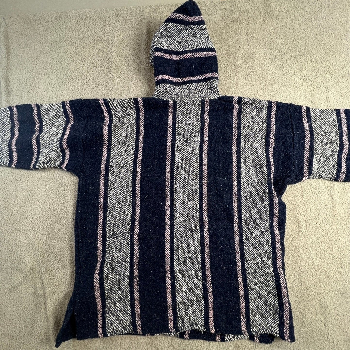Senor Lopez Mexican Baja Hoodie Navy Blue Pink Striped Rug Pullover Large