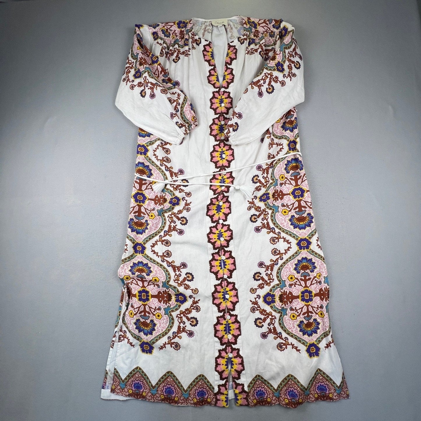 Cleobella Maxi Dress Womens Small White Floral Paisley Cotton Linen Boho Belted