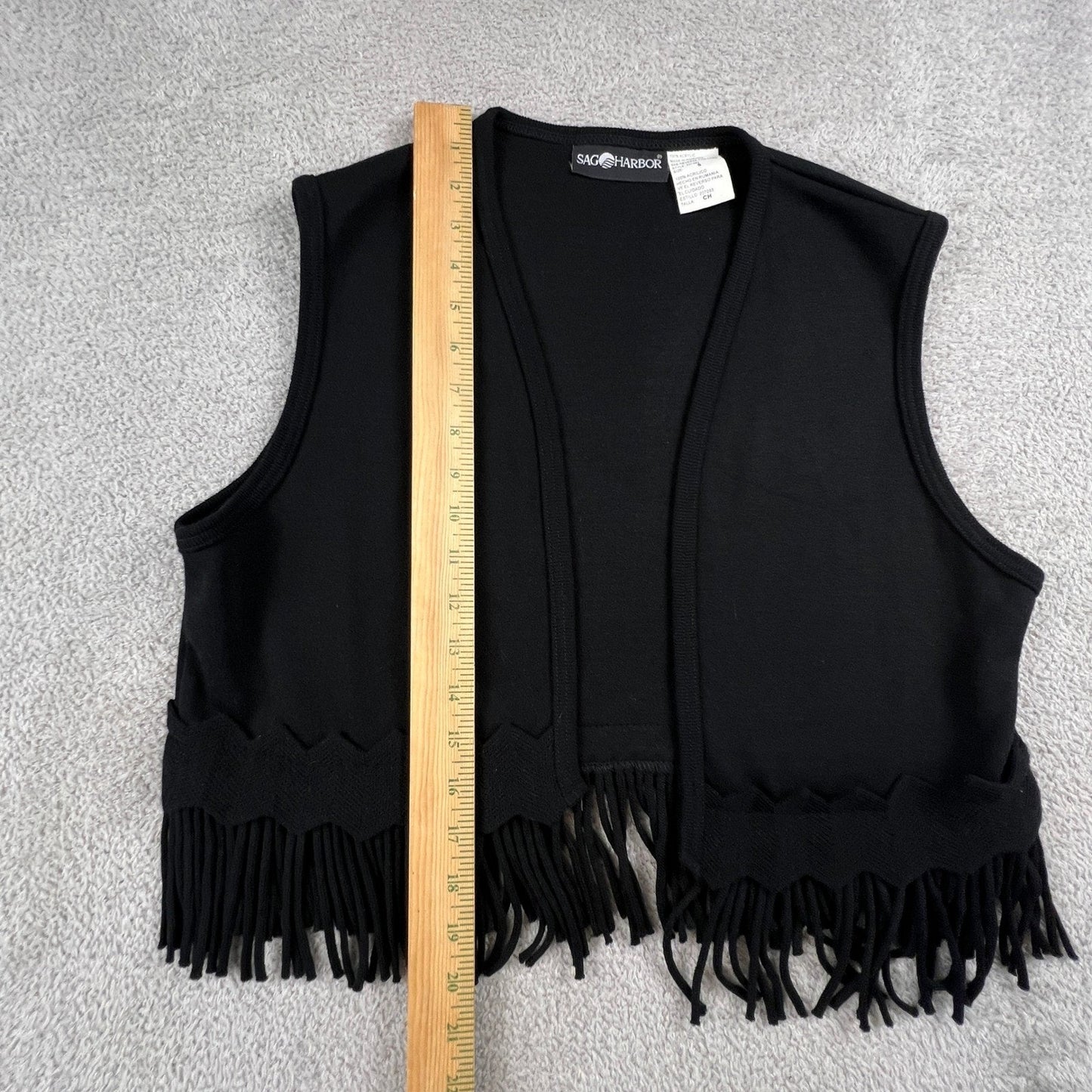 Fringe Knit Vest Women Small Black Open Front Boho Western Festival