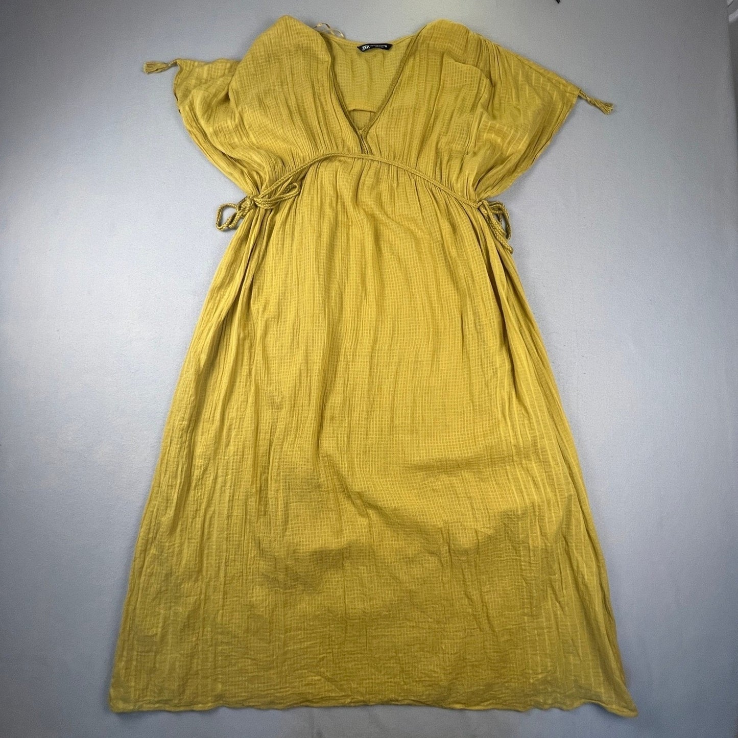 Zara Maxi Dress Womens M Yellow V-Neck Textured Tassel Boho Beach Kaftan