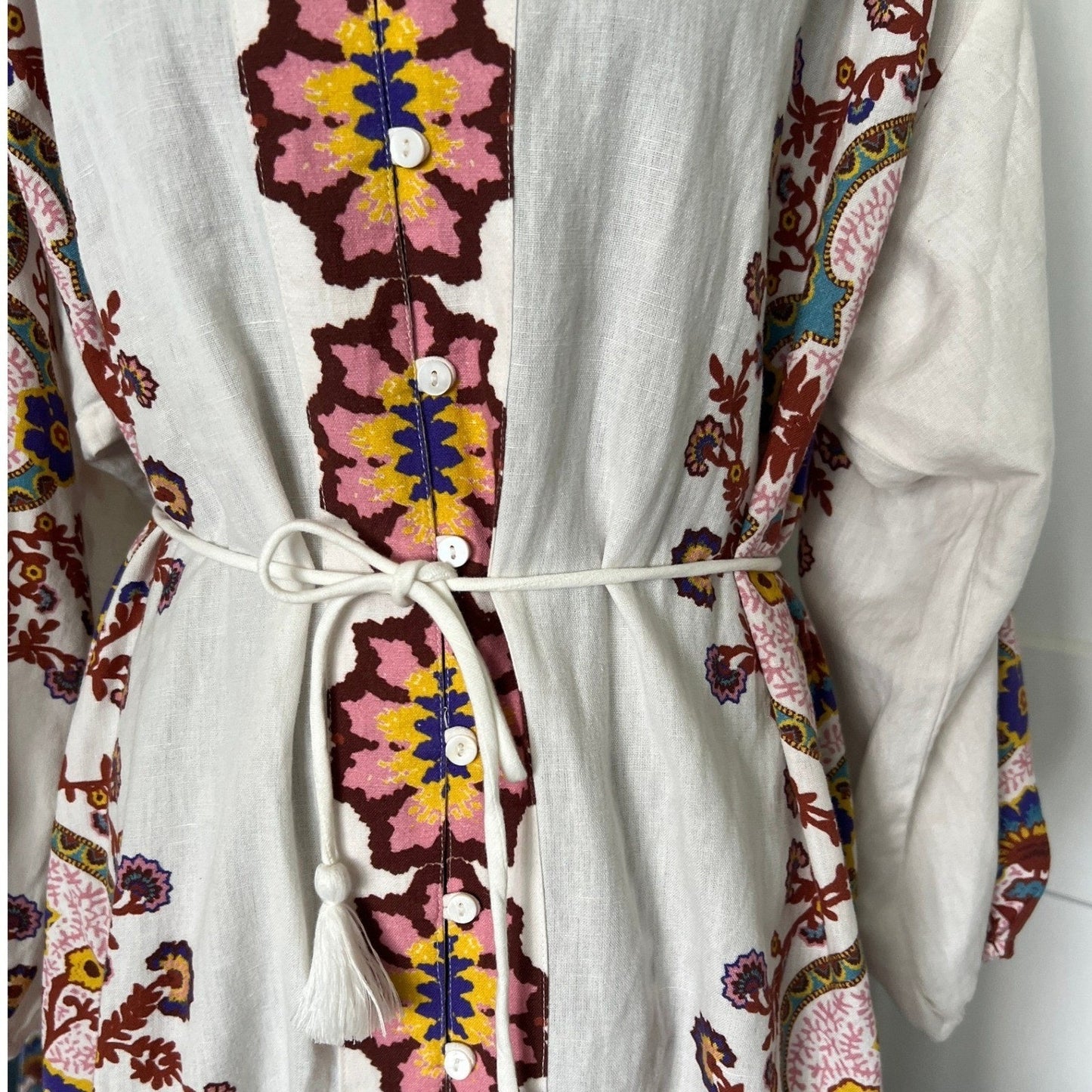 Cleobella Maxi Dress Womens Small White Floral Paisley Cotton Linen Boho Belted