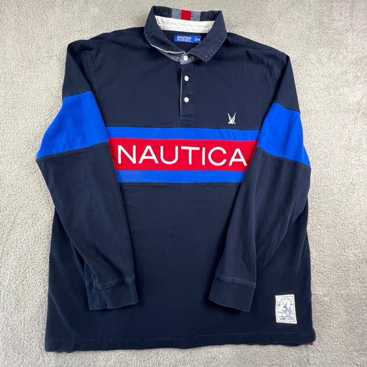 Nautica Long Sleeve Rugby Shirt Mens XXL Blue Sail Colorblock Navy Blue Red Y2K