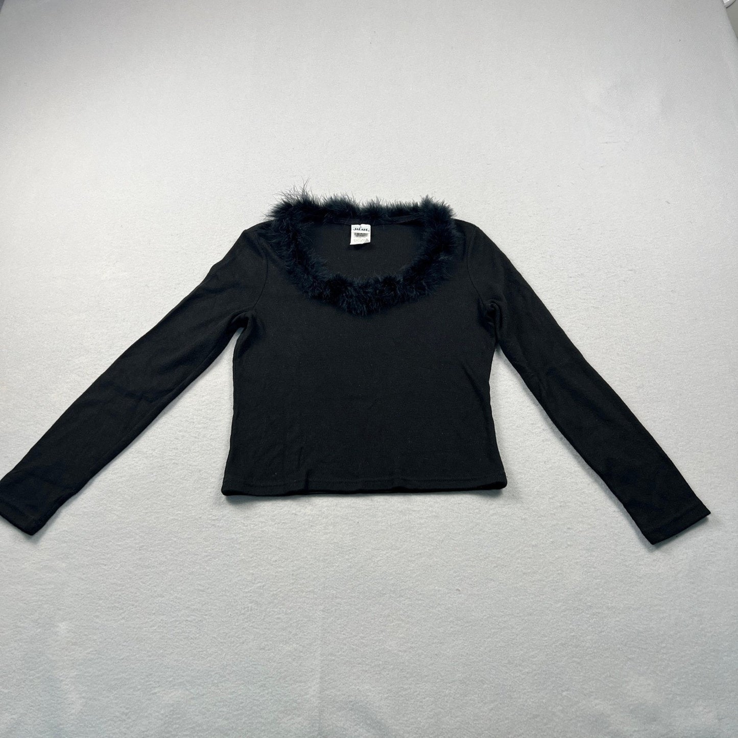 VTG 90s Y2K Black Faux Feather Trim Top Womens Large V-Neck Goth Coquette